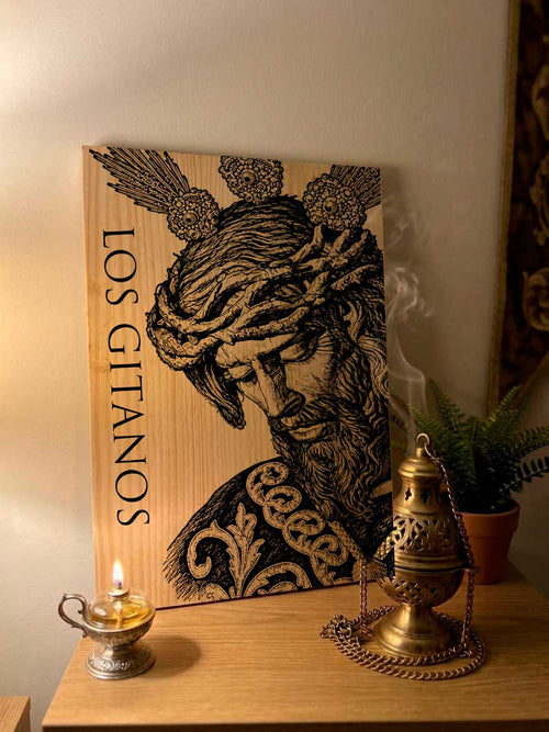 Cuadro cofrade de madera natural del Señor de la Salud de Los Gitanos, Semana Santa de Sevilla, 40x30 cm