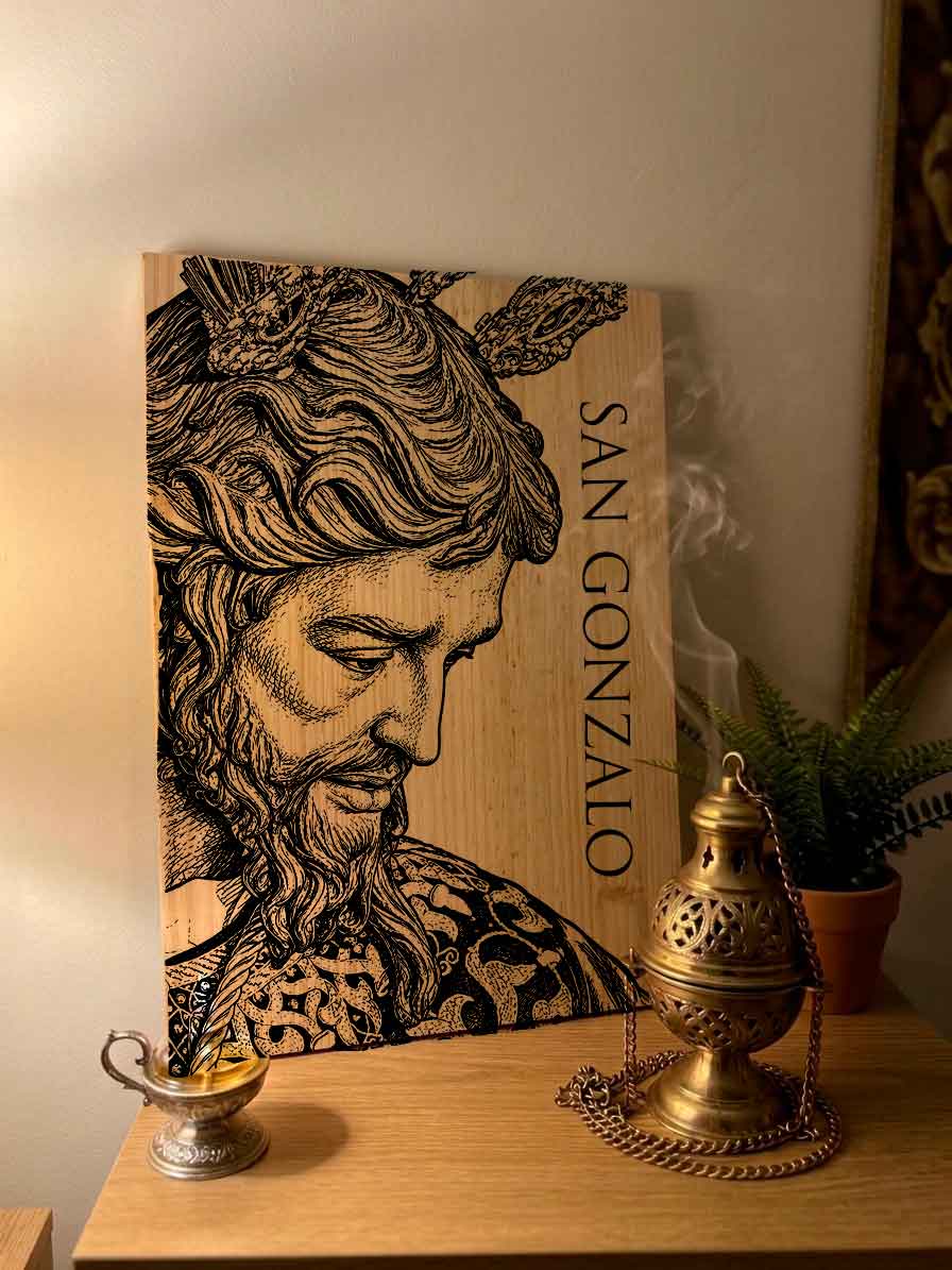 Cuadro cofrade de madera natural del Soberano Poder de San Gonzalo, Semana Santa de Sevilla, 40x30 cm