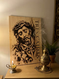 Cuadro cofrade de madera natural del Señor de las Tres Caídas de Triana, Semana Santa de Sevilla, 40x30 cm